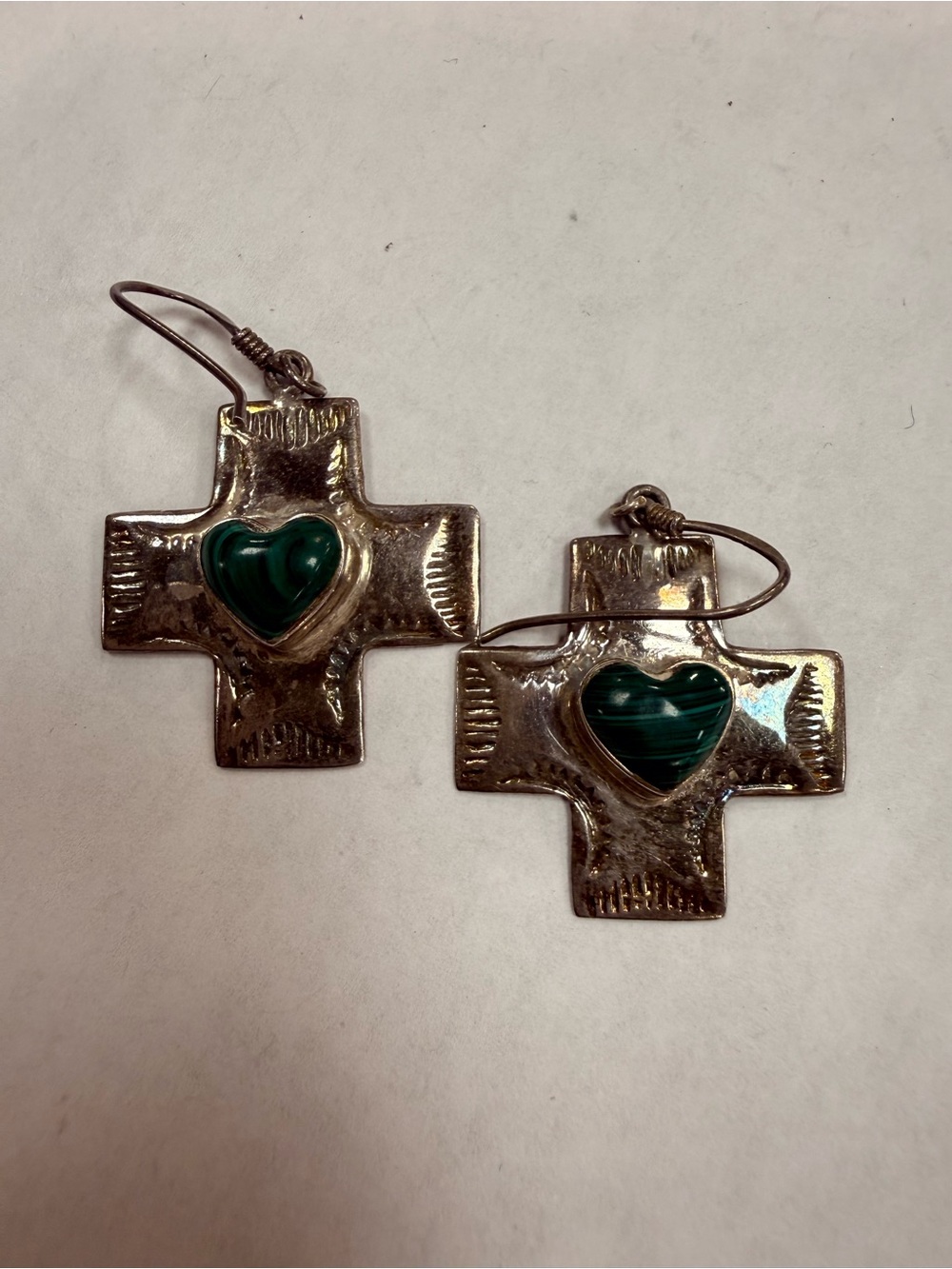 Silver Cross Earrings with Green Heart Accent